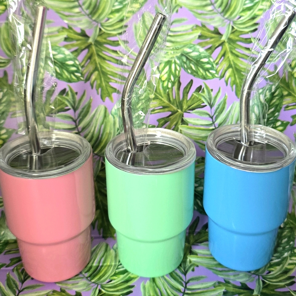 X3 Mini Shot Stainless Glass Tumblers & Straws 2 OZ Each. Pink, Green, Blue. New